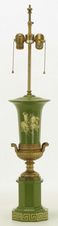 Warren Kessler  Olive Green & Brass Grecian Urn Table Lamp
