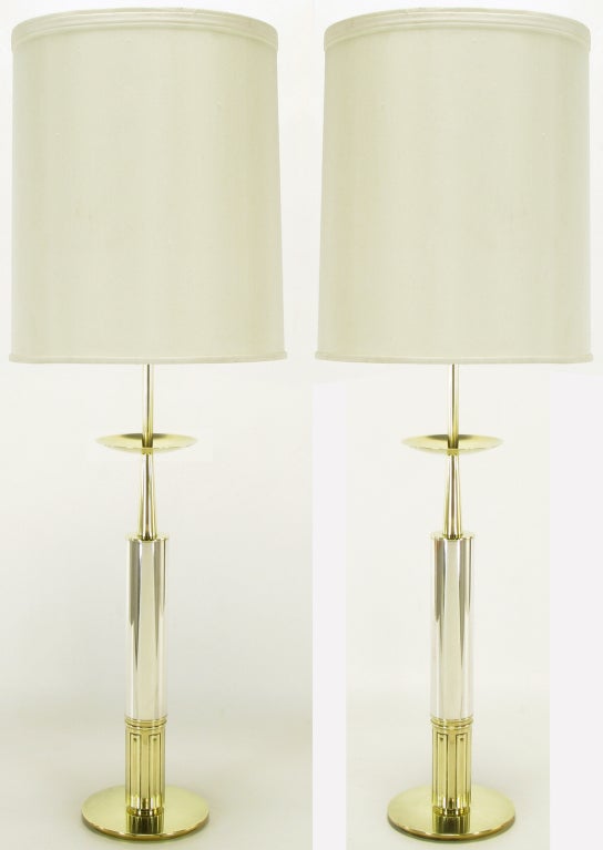 Pair Elegant 1960s 42" Chrome & Brass Stiffel Table Lamps