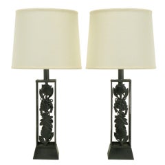 Pair Black Lacquered Metal Open Body Grape Vine Table Lamps