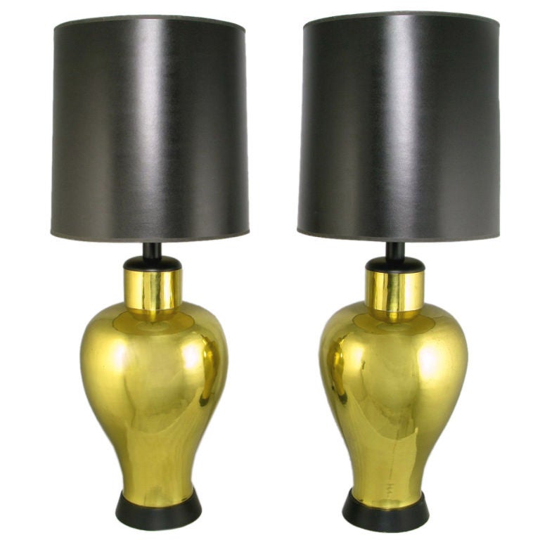 Pair of Grand Scale Urn-Form Brass Table Lamps For Sale