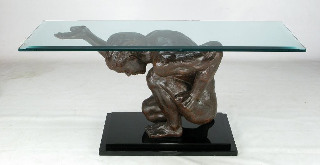 American Life-Size Bronze Finish Atlas Sculpture Console Table