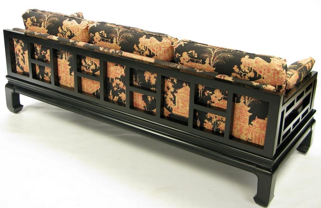 American Black Lacquered Chinese Chippendale Sofa