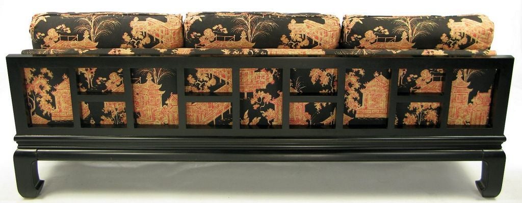 Late 20th Century Black Lacquered Chinese Chippendale Sofa