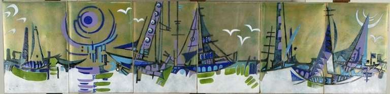 Set of six hand-painted enamel tiles depicting a colorful abstract pier and harbor with birds, sail boats and set into an open geometric walnut wood frame. Colored in vivid turquoise, blue, purple, green and white. Like an oil painting, but enamel