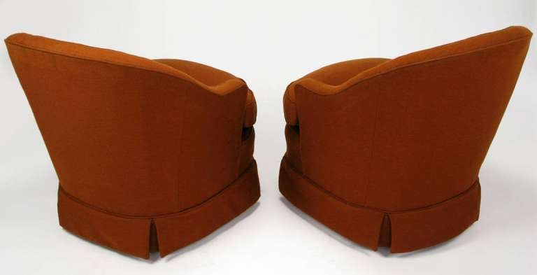 Mid-20th Century Pair of Burnt Umber Button Tufted Wool Swivel Chairs
