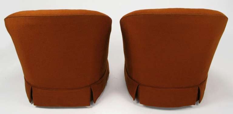 Wood Pair of Burnt Umber Button Tufted Wool Swivel Chairs