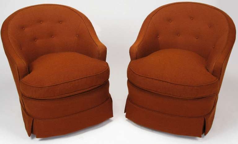 American Pair of Burnt Umber Button Tufted Wool Swivel Chairs