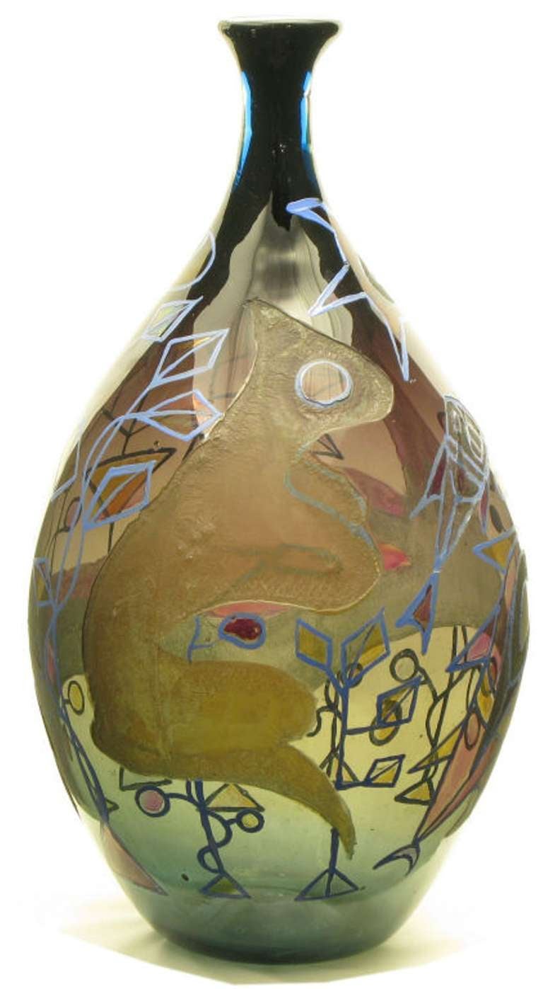 Artist painted and acid etched smoked glass vase, Venice, Italy, 1958. In the style of Joan Miro, vibrant colored outlined shapes and abstract forms of fish, planetary objects and stylized foliage.