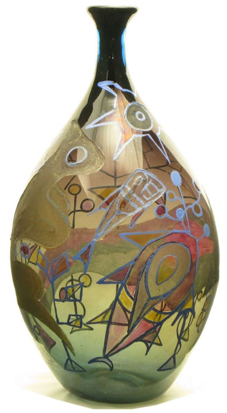 Italian Acid Etched and Hand-Painted Abstract Smoked Glass Vase 1
