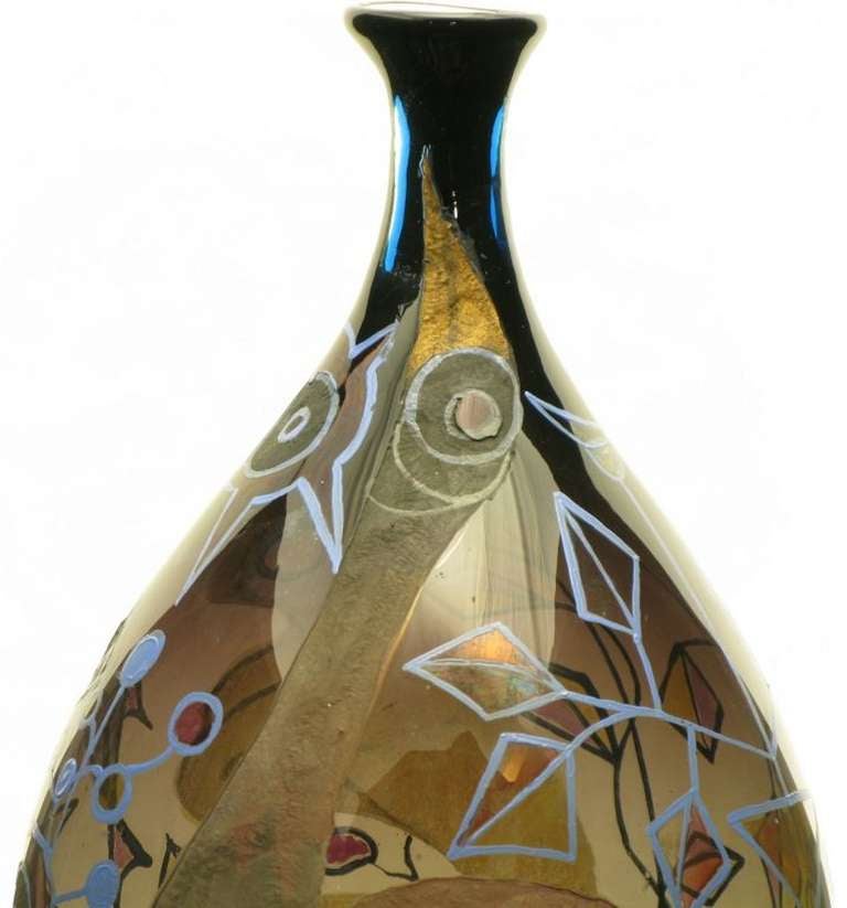 Italian Acid Etched and Hand-Painted Abstract Smoked Glass Vase 4