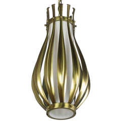 Gourd-Form Brushed Brass and Milk Glass Pendant Light