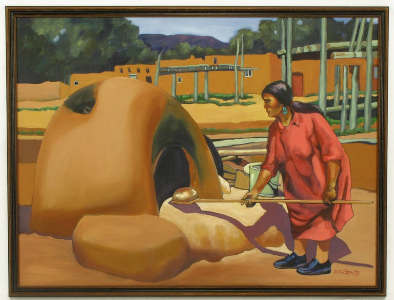 Native American realism scene of American Indian bread baker by Dorothy May Strait (1934-1998). Oil on canvas framed in a beveled dark stained wood frame with black detail. Strait is a listed Native American painter. Framed measurement is 42
