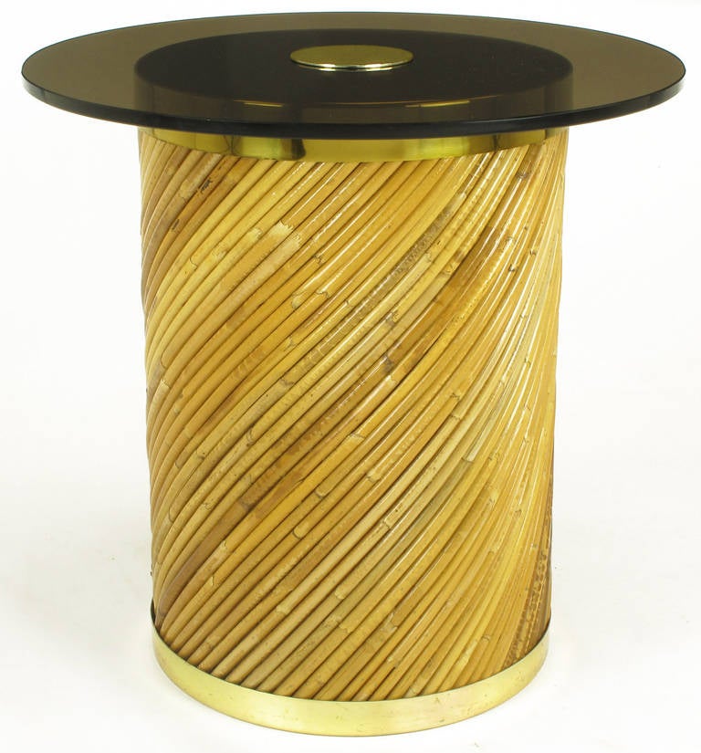 American Reeded Bamboo and Brass Smoked Glass Side Table For Sale
