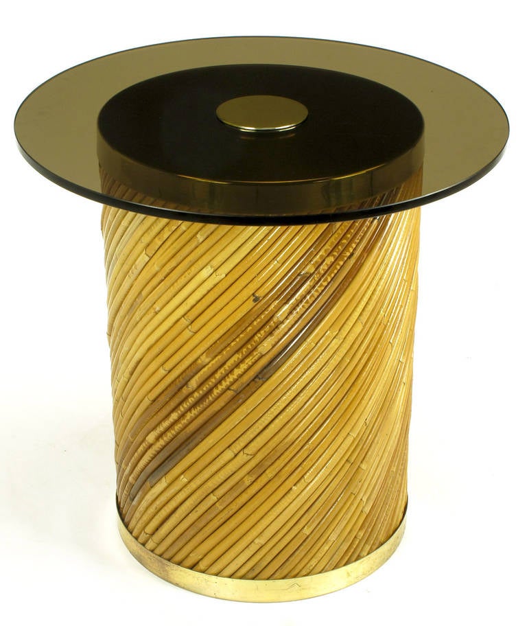 Reeded Bamboo and Brass Smoked Glass Side Table For Sale at 1stdibs