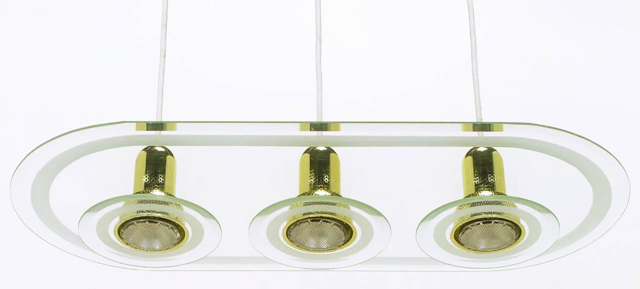 American Postmodern Three-Light Brass and Etched Racetrack Oval Glass Chandelier
