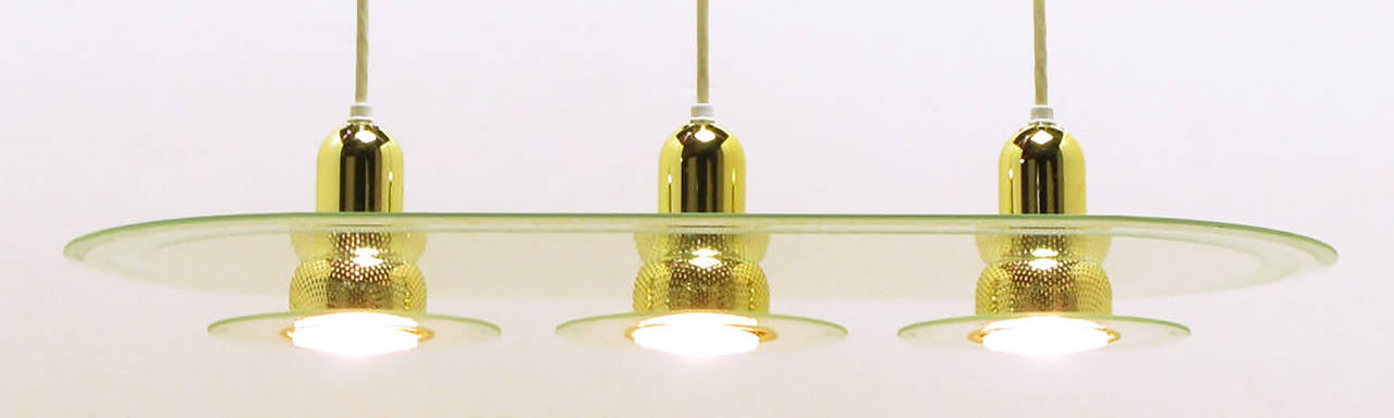 Late 20th Century Postmodern Three-Light Brass and Etched Racetrack Oval Glass Chandelier For Sale