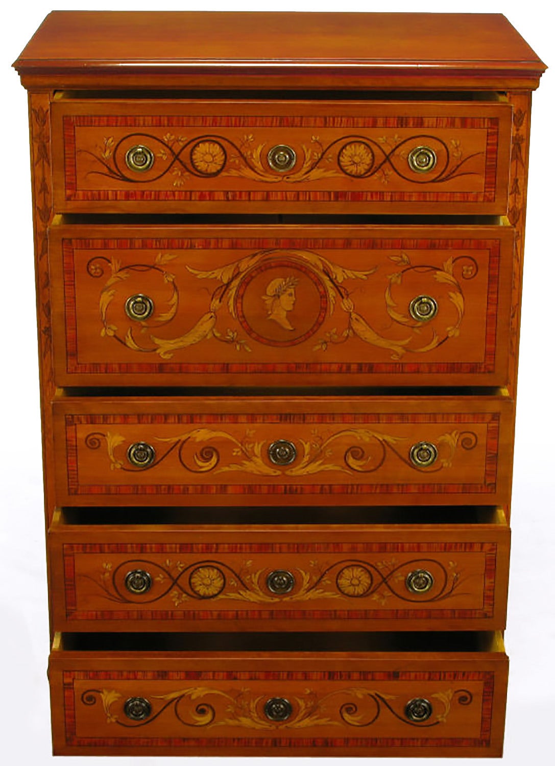 Mid-20th Century Mahogany Tall Chest with Trompe L'oeil Neoclassical Marquetry