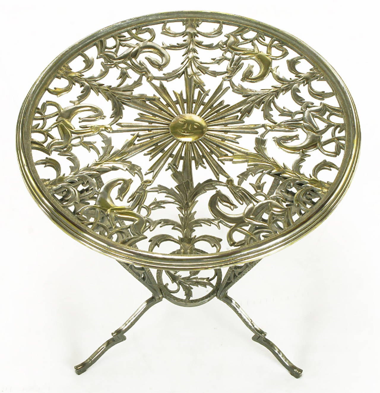 Intricately cast Art Deco tripodal side table by Rena Rosenthal. Tabletop is a beautifully detailed collage of foliage, African women on horses, and a beaming center sun with smiling face. Beveled top edge for a round glass insert. Three legs with