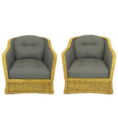 Vintage Pair of 1970s Woven Rattan and Gray Button, Tufted Wool Club Chairs