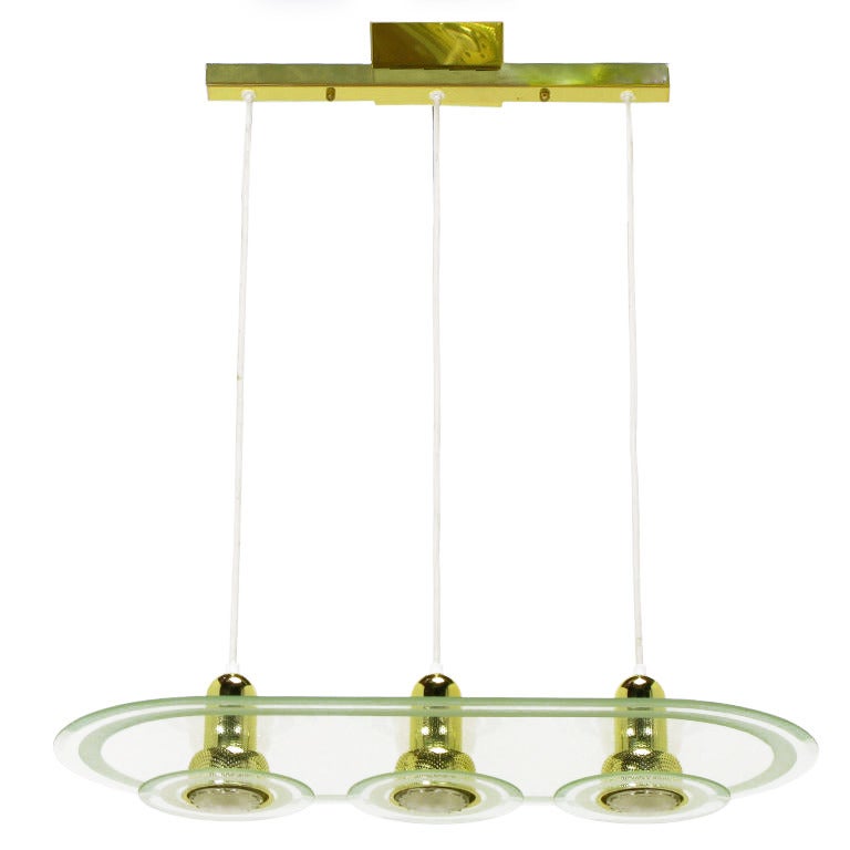 Postmodern Three-Light Brass and Etched Racetrack Oval Glass Chandelier For Sale