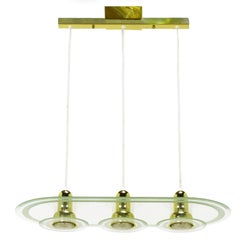 Postmodern Three-Light Brass and Etched Racetrack Oval Glass Chandelier