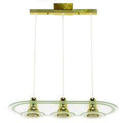 Used Postmodern Three-Light Brass and Etched Racetrack Oval Glass Chandelier