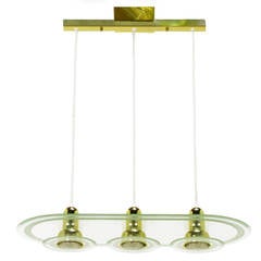 Postmodern Three-Light Brass and Etched Racetrack Oval Glass Chandelier 9