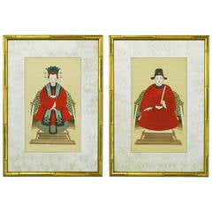 Pair of Chinese Ancestor Portraits in Mirrored Mats and Gilt Frames 3
