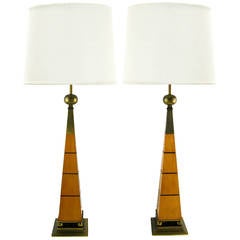 Elegant Pair of Stiffel Walnut and Brass Obelisk Table Lamps 10
