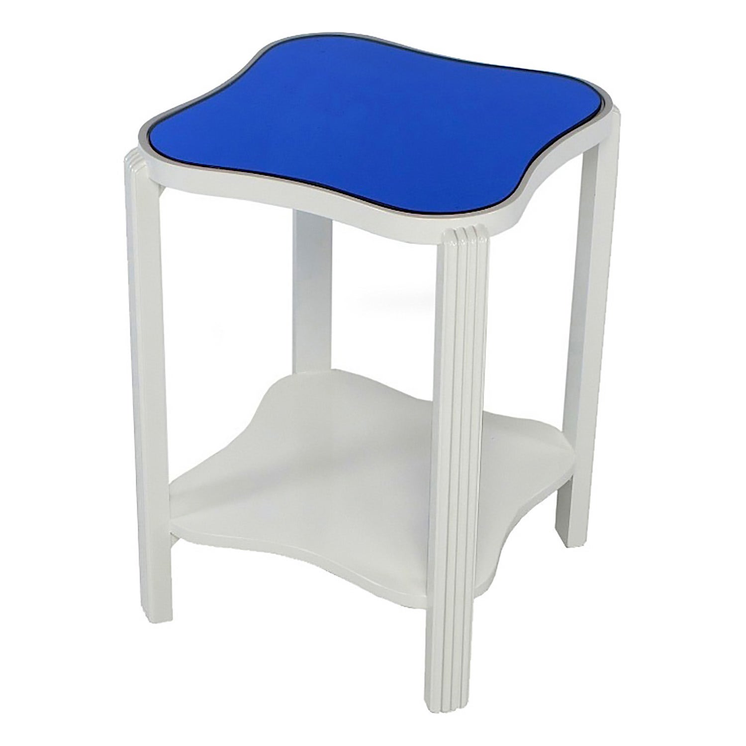 Art Deco Two-Tier White Lacquer and Blue Mirror Side Table For Sale