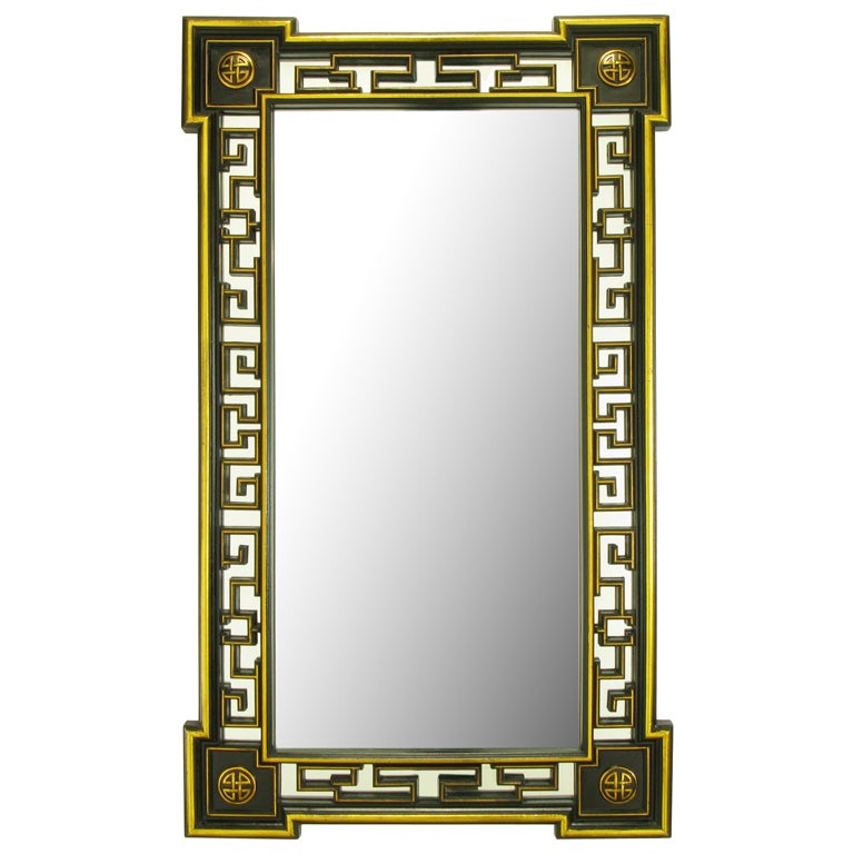 Asian Style 55" Black Lacquer & Parcel Gilt Reticulated Mirror For Sale