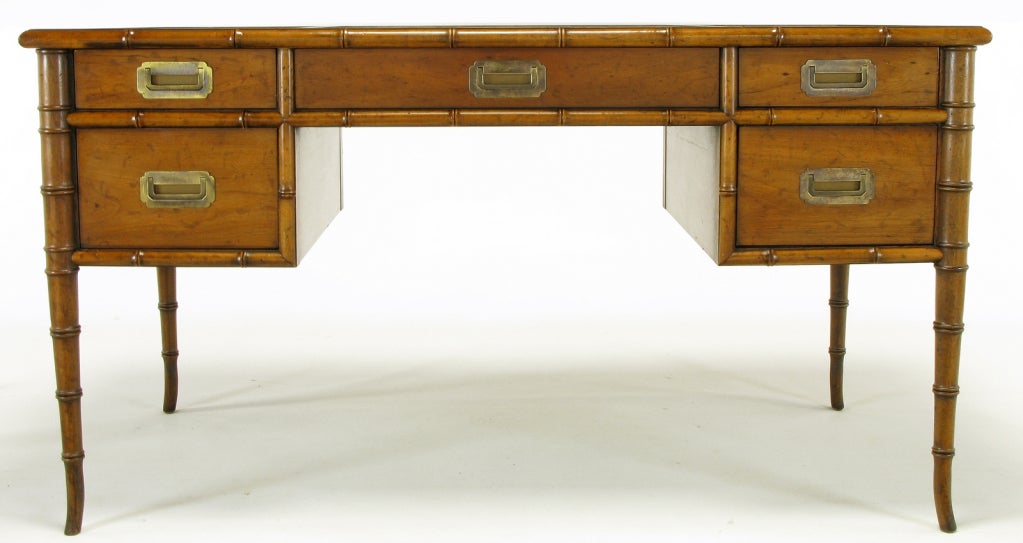 American Drexel Tooled Leather & Bamboo Form  Campaign Desk