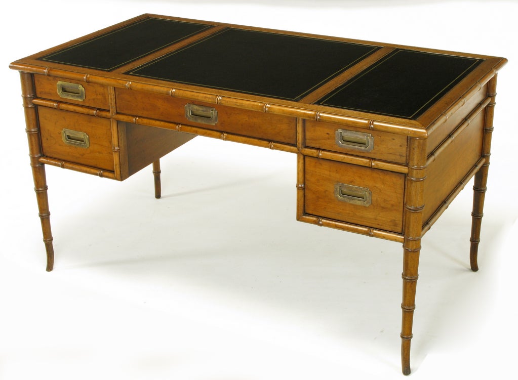 Mid-20th Century Drexel Tooled Leather & Bamboo Form  Campaign Desk