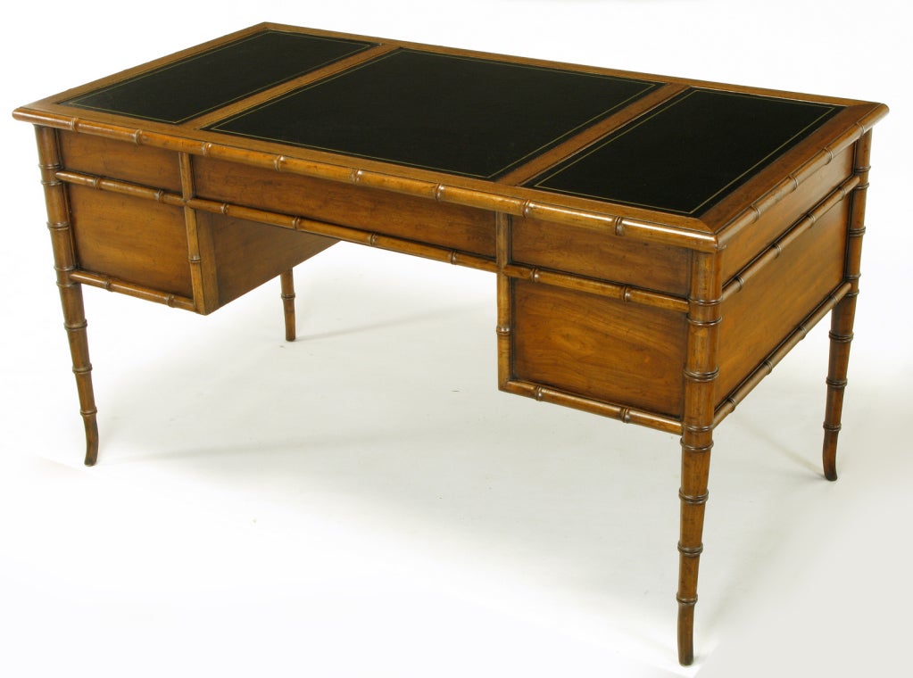 Walnut Drexel Tooled Leather & Bamboo Form  Campaign Desk