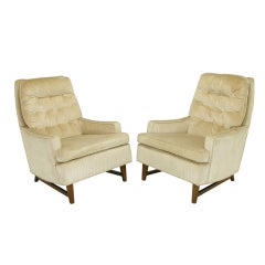 Pair 1960s High Back Ivory Velvet Lounge Chairs