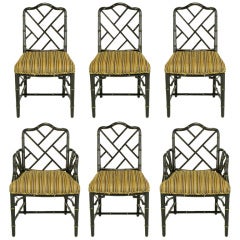 Six 1960s Black Lacquer Chinese Chippendale Dining Chairs