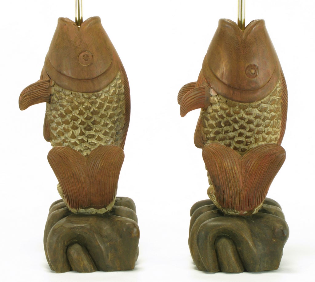 Substantial Pair Hand Carved Wood Koi Fish Table Lamps