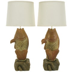Substantial Pair Hand Carved Wood Koi Fish Table Lamps