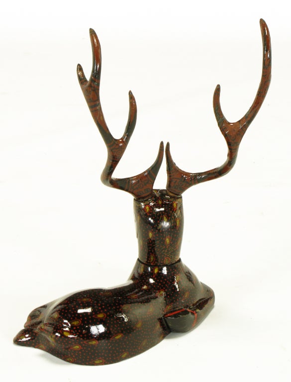 Hand-Carved Carved Wood Hand Lacquered Recumbent Deer