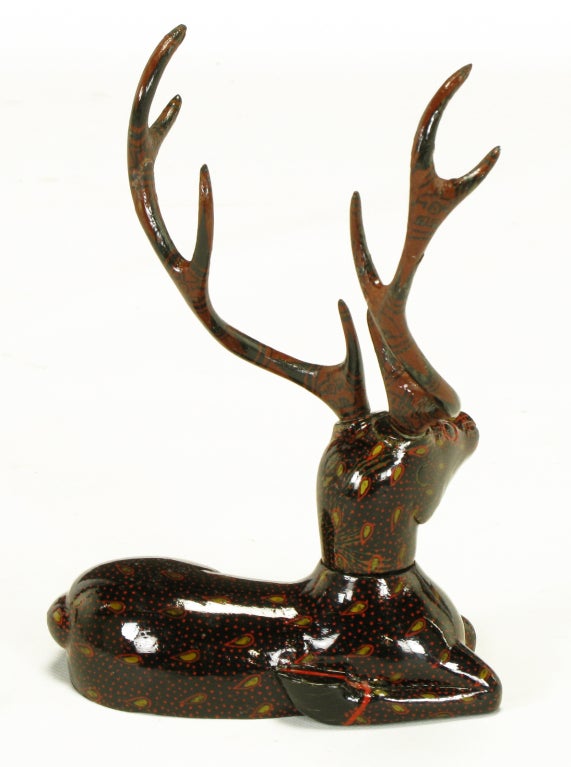 Late 20th Century Carved Wood Hand Lacquered Recumbent Deer