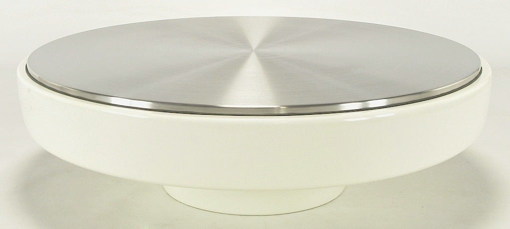 Vecta Round White Fiberglass & Stainless Steel Coffee Table. 1