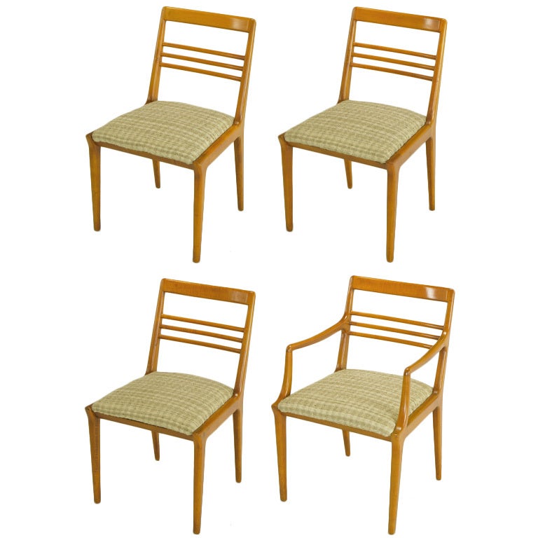 Four Renzo Rutili Walnut and Upholstered Dining Chairs