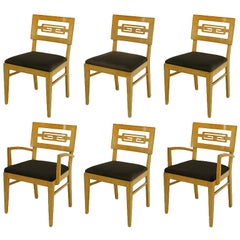 Six Carved White Oak Greek Key Dining Chairs