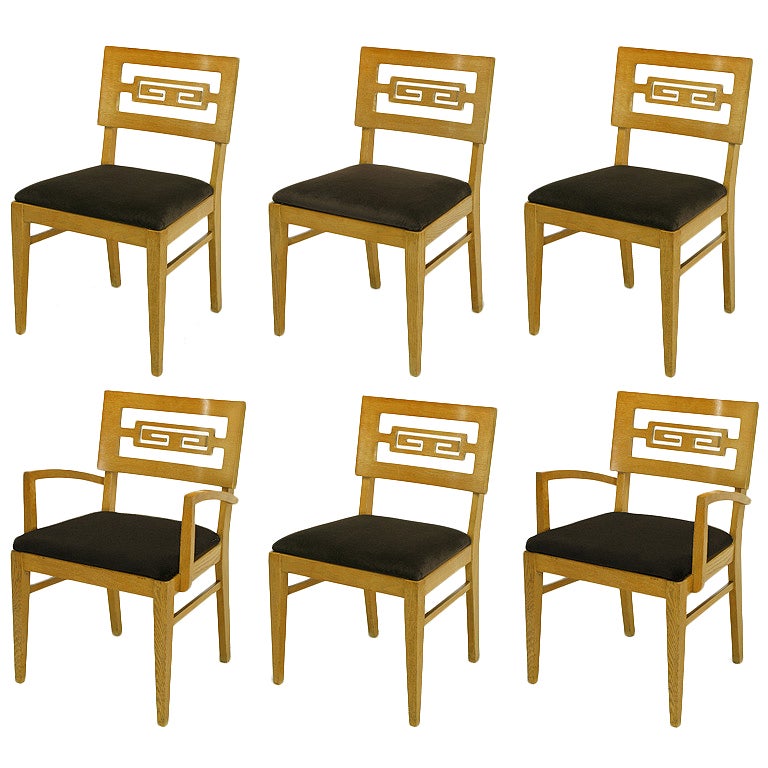 Six Carved White Oak Greek Key Dining Chairs For Sale at 1stDibs