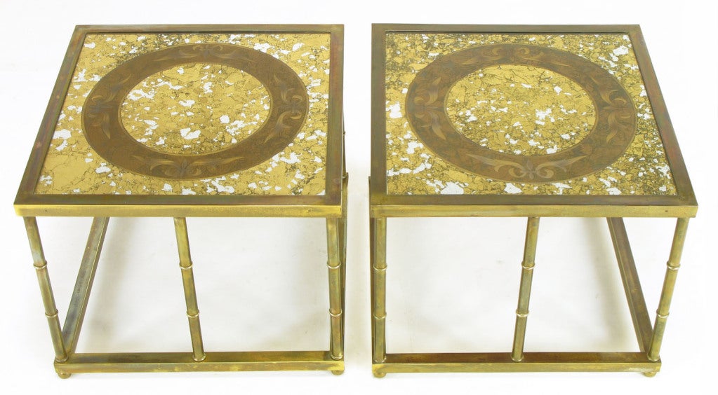 Etched Pair Mastercraft Brass & Reverse Gilt Glass End Tables