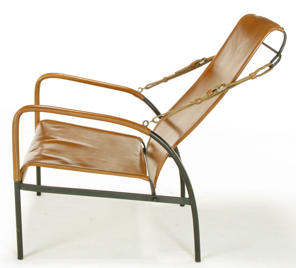 Pair Custom Leather & Wrought Iron High Back Lounge Chairs 4