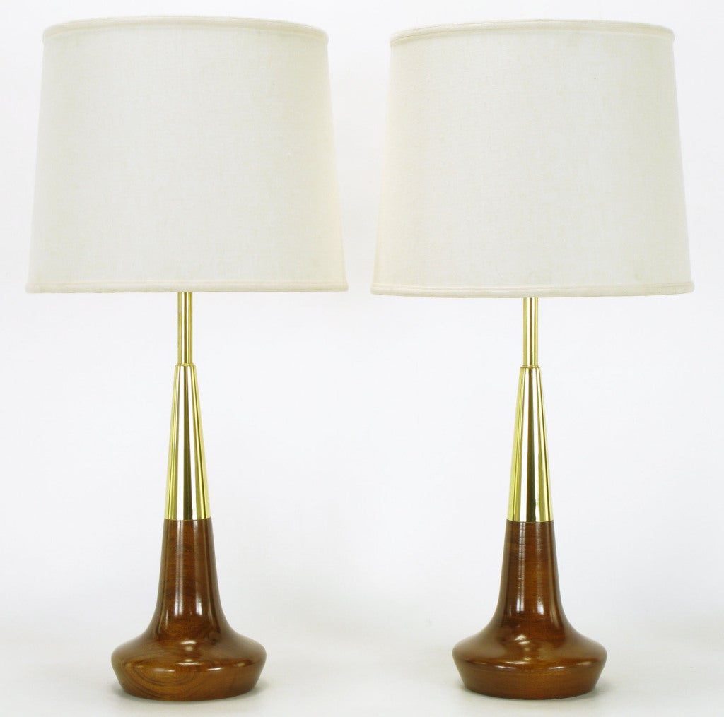 Pair Lightolier Brass & Walnut Table Lamps