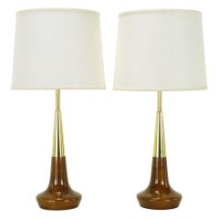 Pair Lightolier Brass & Walnut Table Lamps