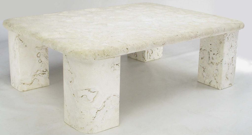Clean lines and texture are the focal points of this very impressive fossil stone coffee table. In the style of Michael Taylor's groundbreaking California Look.