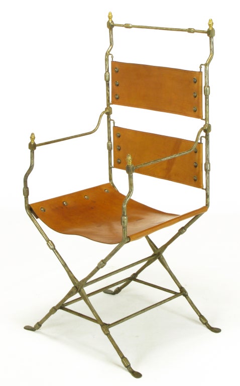Italian Four Custom Leather & Hand Forged Iron X-Base Sling Chairs